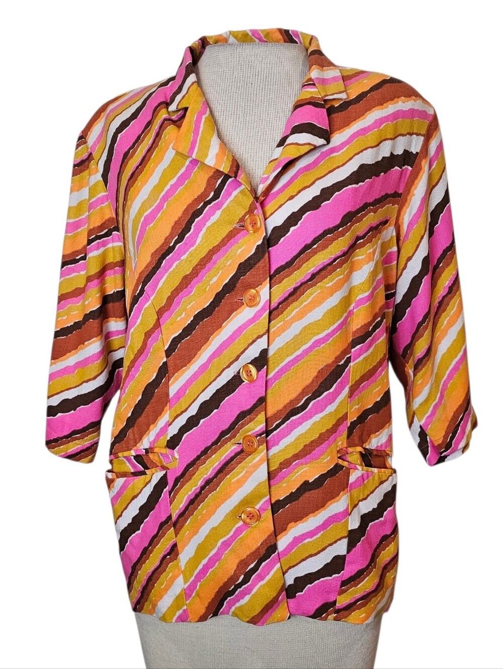 Vintage 70s Retro Blazer Women’s Size L Psychedelic Dopamine Stripe 3/4 Sleeve